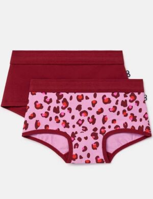 Meisjes short, duopack, effen bordeaux + roze/bordeaux luipaardprint