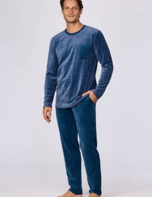 Pyjama lang, Velours, Blauw/bordeaux